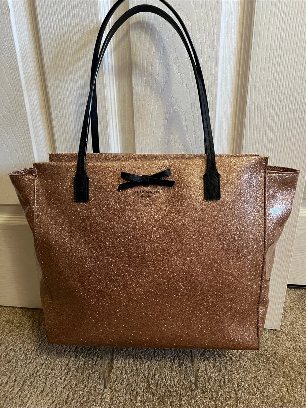 Kate Spade Rose Gold Glitter Tote with Black Bow and Black Handles